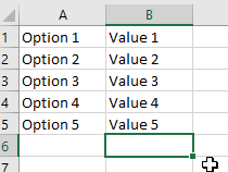 Excel file with options and values