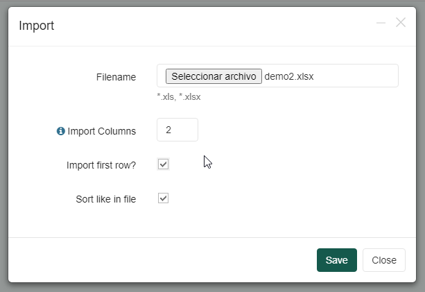 Import screen with column 2 selected